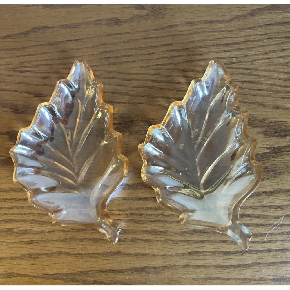 Set of 2 Vintage Marigold / Amber Leaf-Shaped Carnival Glass Candy Relish Dishes